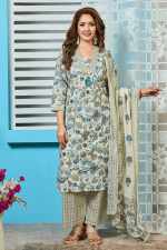 Ivory Hand Block Floral Print A-Line Kurta with Lightweightcotton dupatta