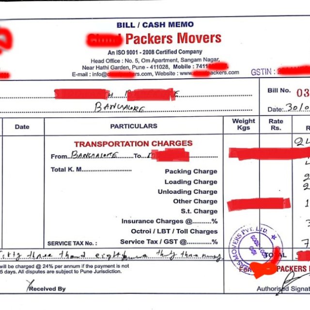 Packers and Movers Bill for Claim